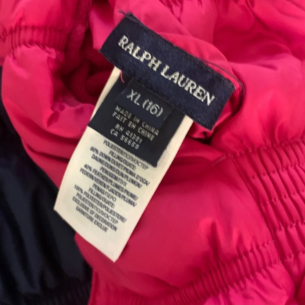 Ralph Lauren Girls Reversible Down Puffer Vest, Pink &‎ Navy sz 16 XL logo fall